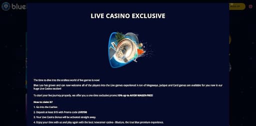 Live Casino Exclusive Bonus at Blueleo
