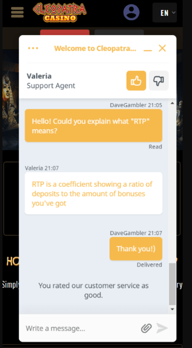 Customer support on cleopatra-casino